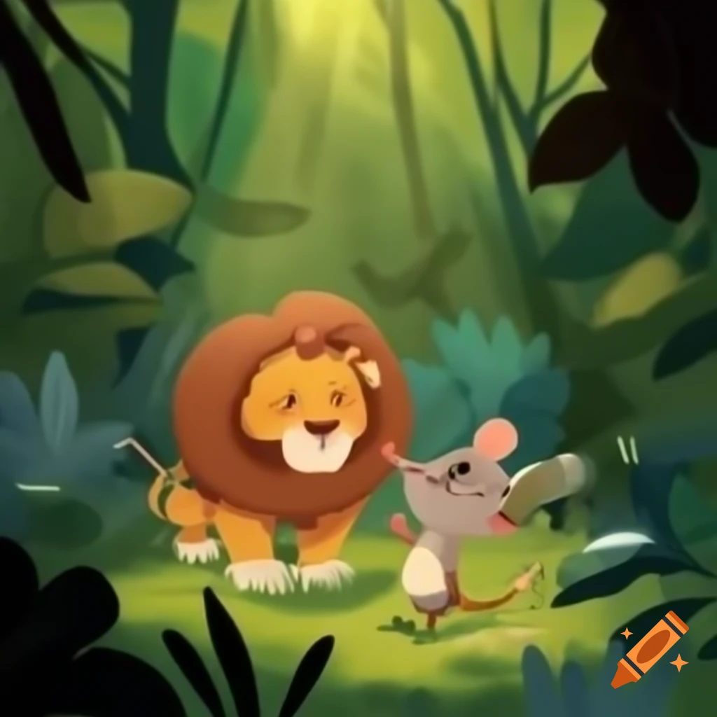 Childish drawing of mouse and lion in the forest
