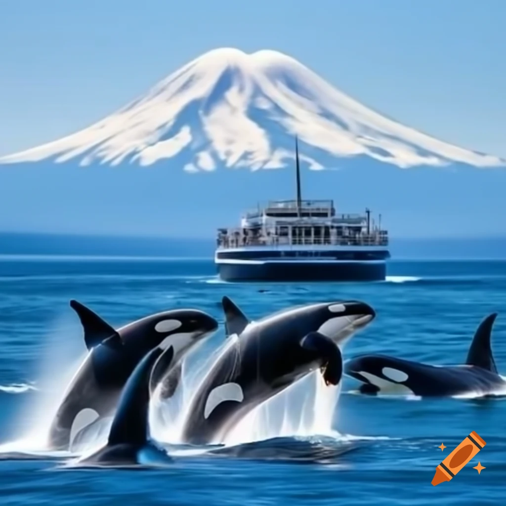 Orca whales playing near ferry with Mount Rainier in background