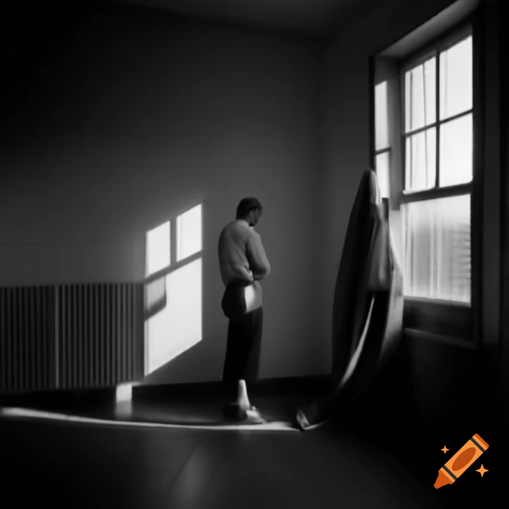 Man standing by window, viewed from behind