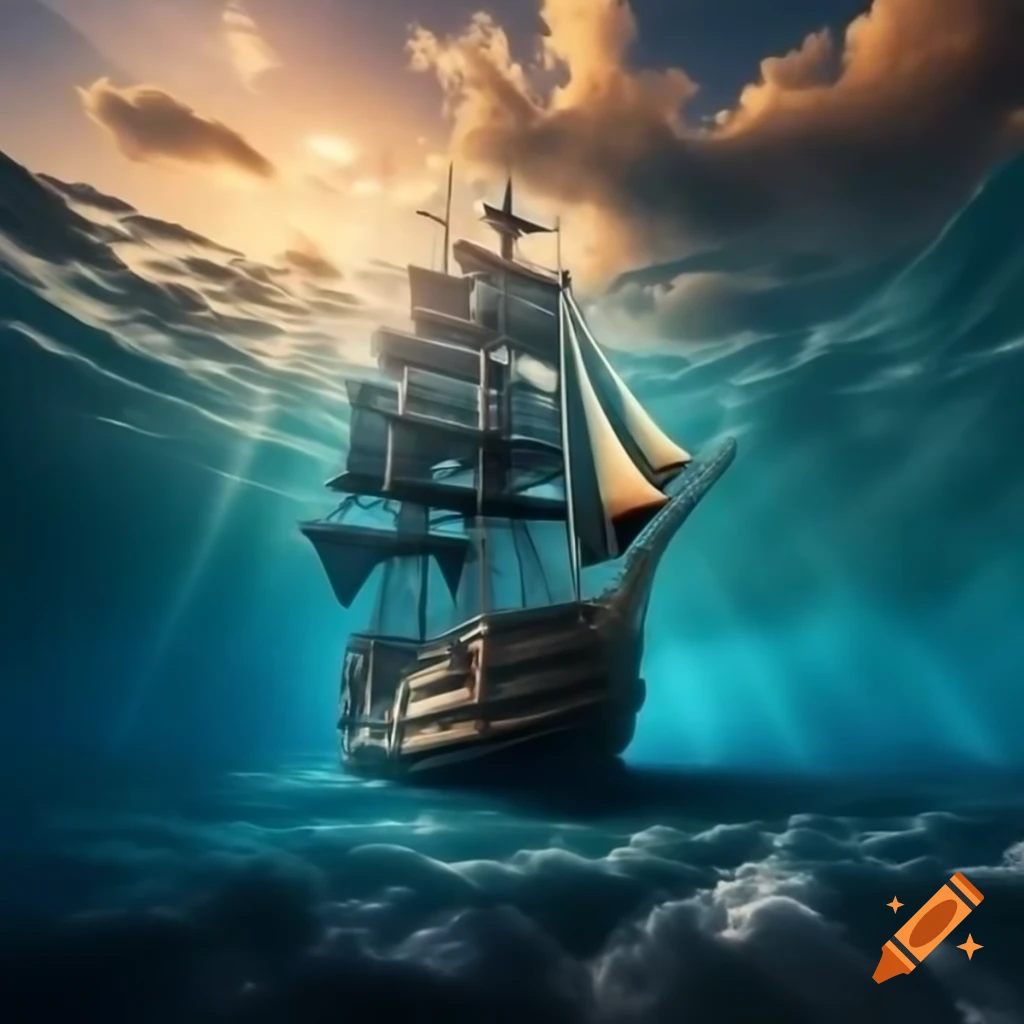 Detailed Pirate Galleon Sailing Into Sunrise In Surreal Colorful Poster 