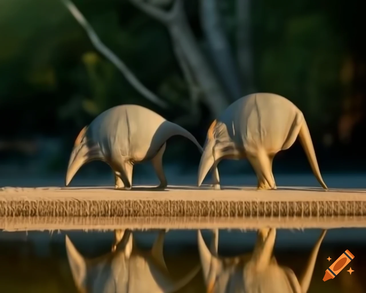 Pair of Parasaurolophus walking along sunny shore of forest pond, backlit