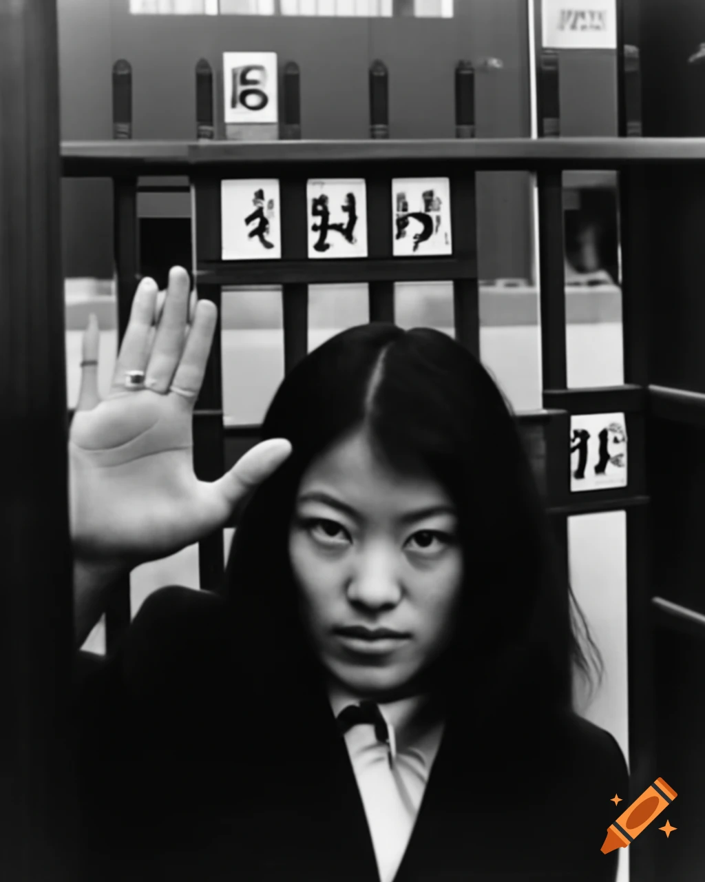 Vintage 1990 portrait of Japanese female art student with peace sign in front of school gates