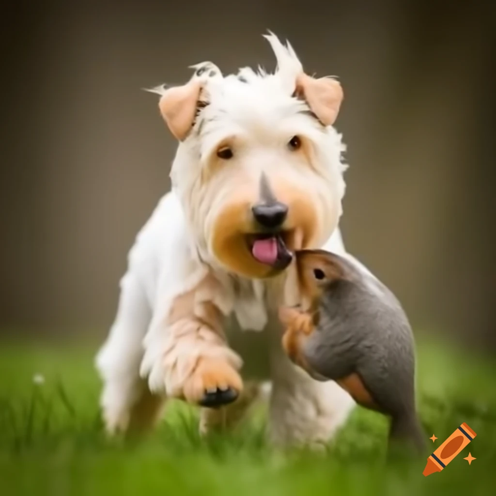 Wheaten terrier interacting with a squirrel