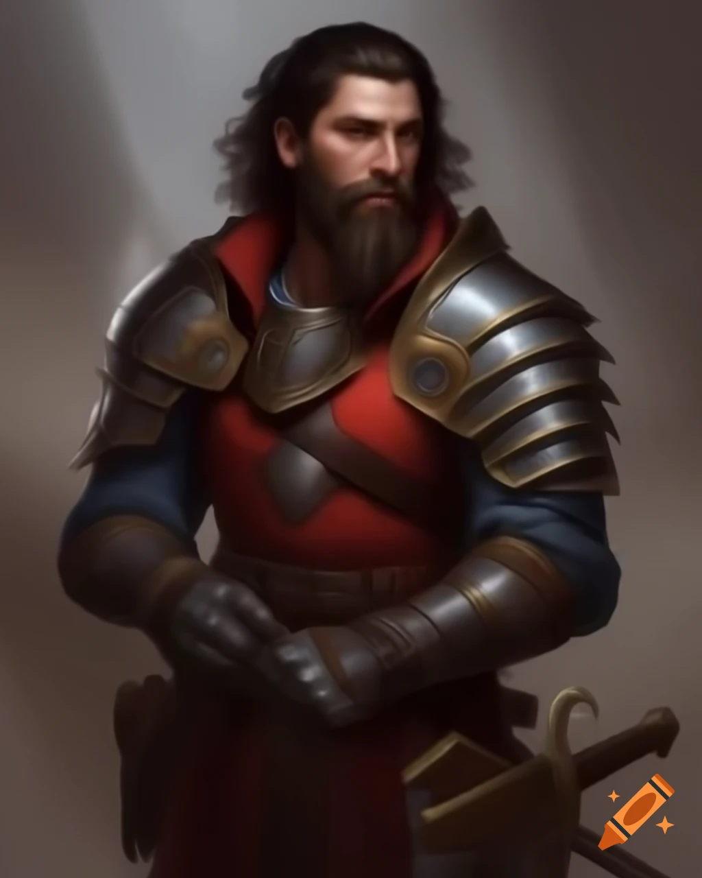Handsome young adult male in fantasy steel armor with red highlights and long black hair, holding a sword and shield