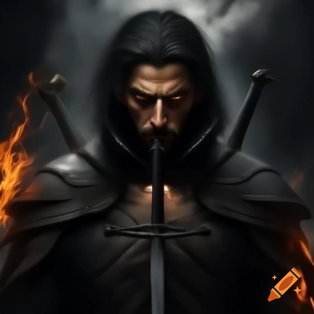 Man in black suede coat holding giant sword, facing colossal beast with fire around them