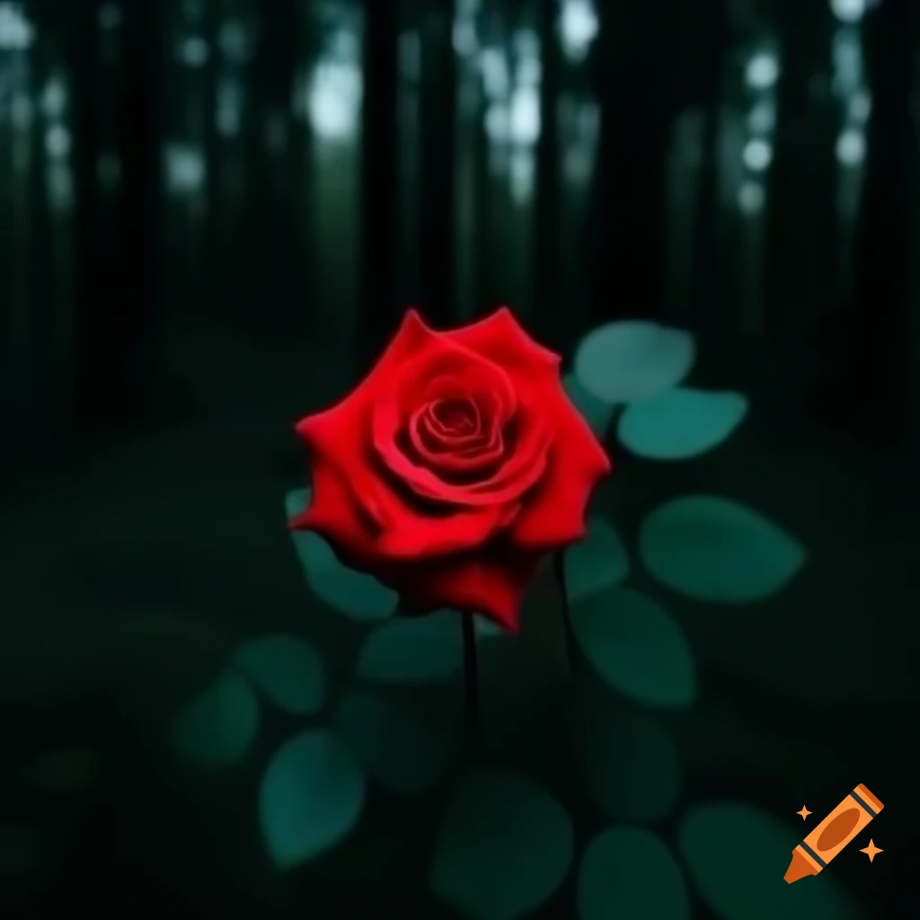 Red rose glowing in dark forest, resembling a song cover design