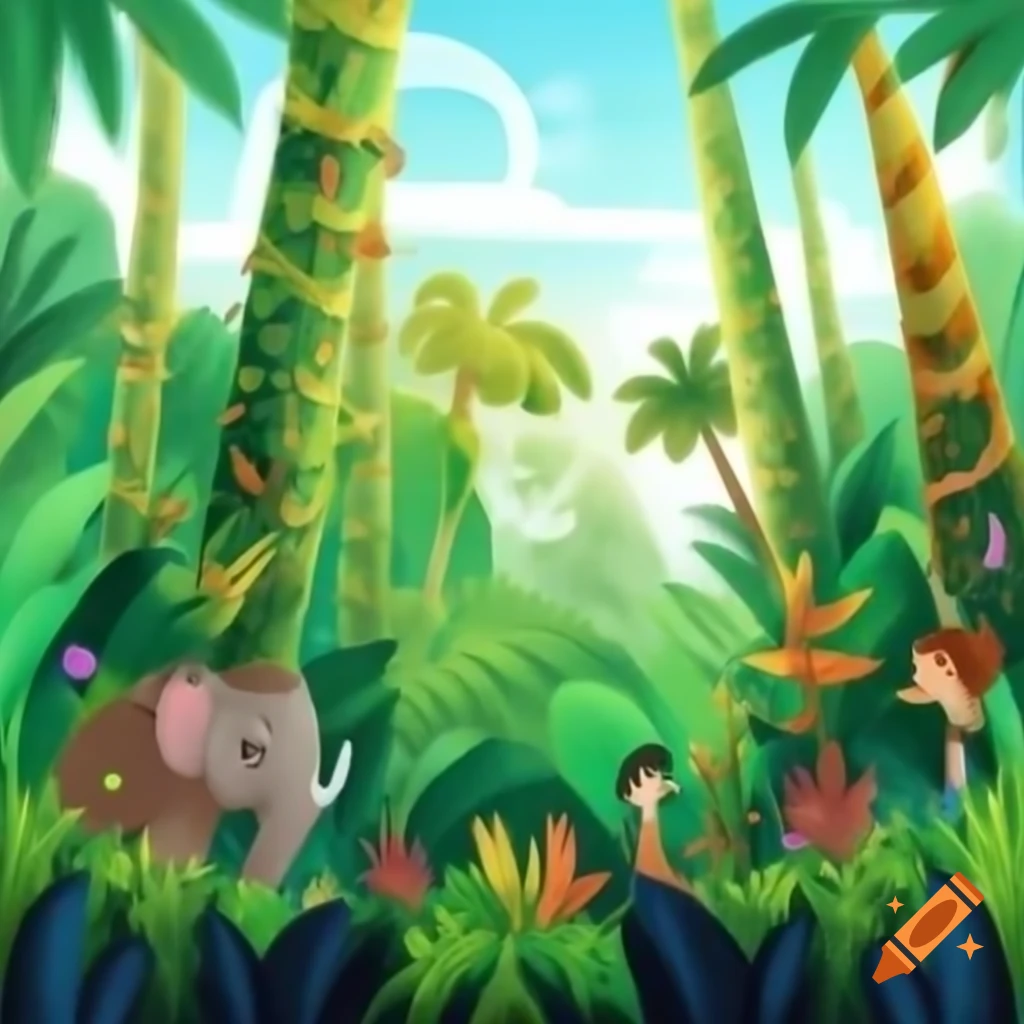 Vibrant Jungle With Tall Trees And Colorful Plants Featuring A Lion 