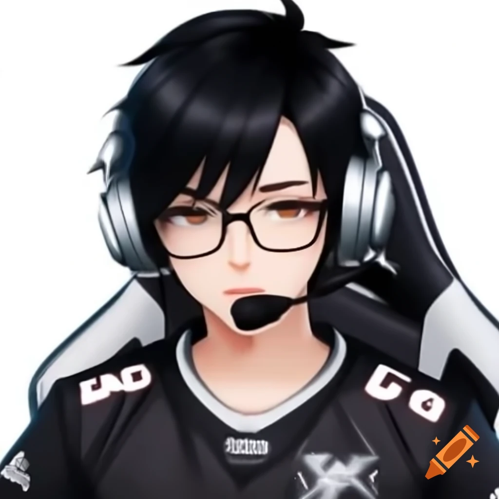 Anime-style pro gamer with black hair in jersey with wolf logo and headset