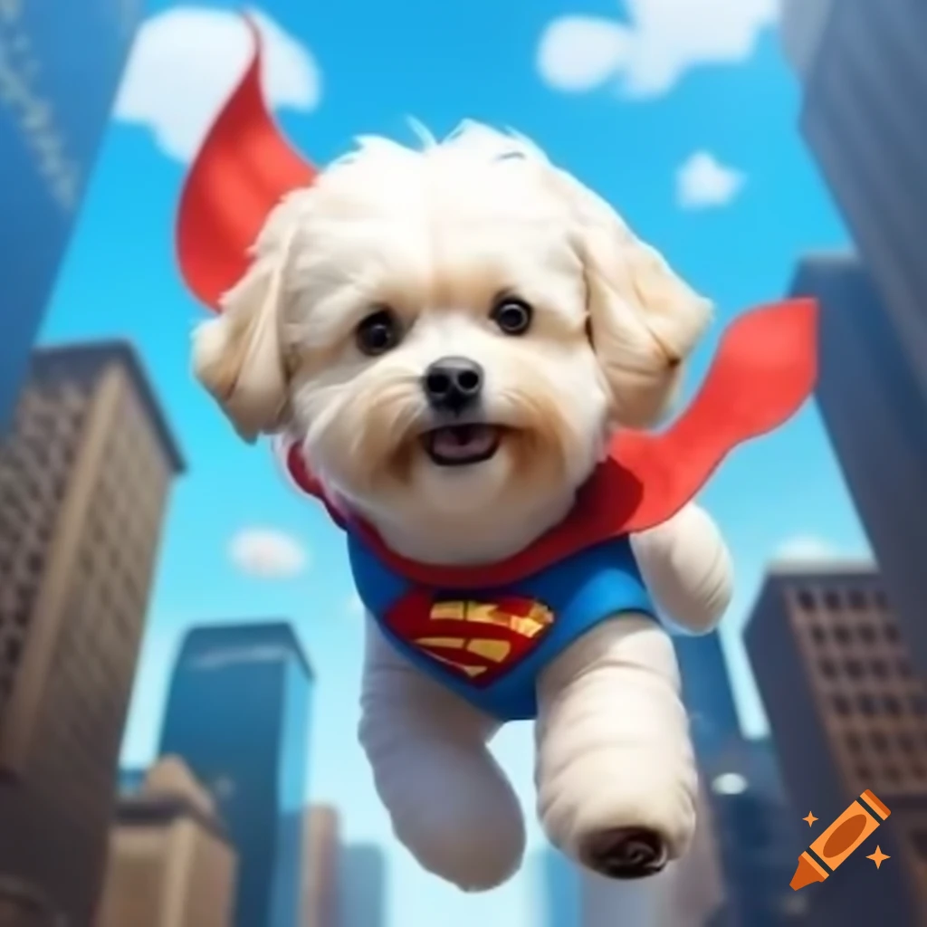 Bichon Frise superhero flying over skyscrapers