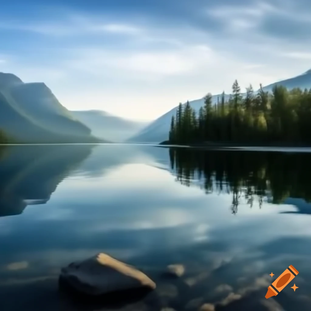 Calm lake reflecting forest and mountains in the background