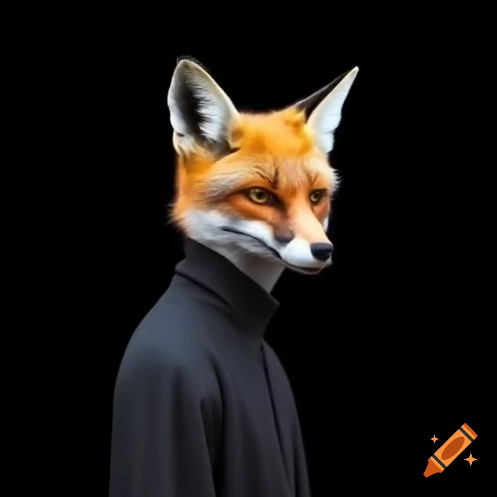 Fox-human character in black clothes seen from profile view