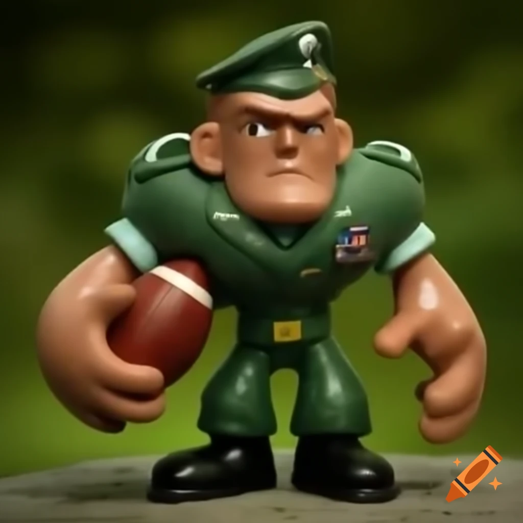 Toy green army man holding American football