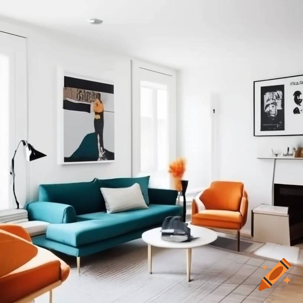 Minimalist chic apartment living room with teal couch and beige-orange decor