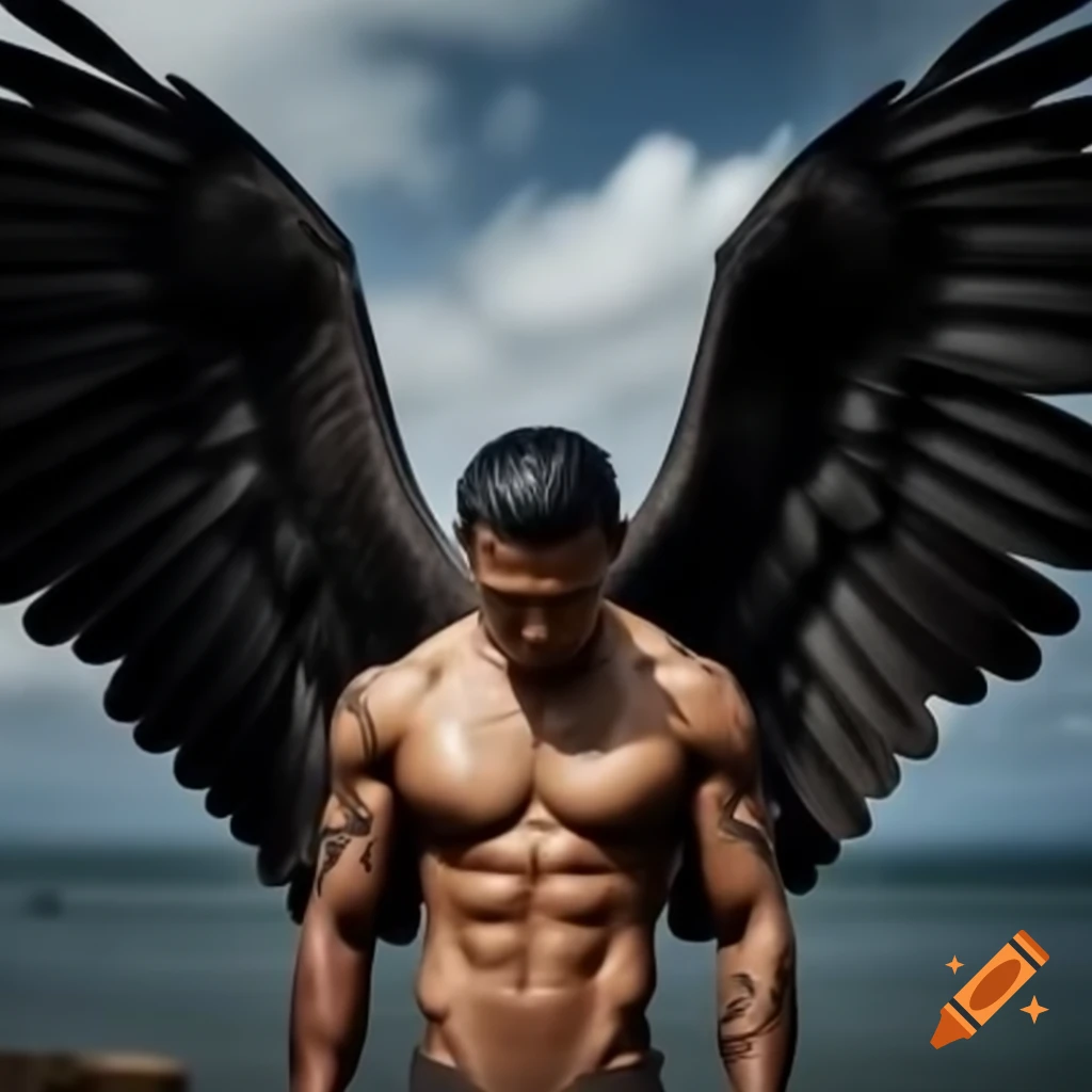 Indigenous male angel with black wings against São Paulo skyline