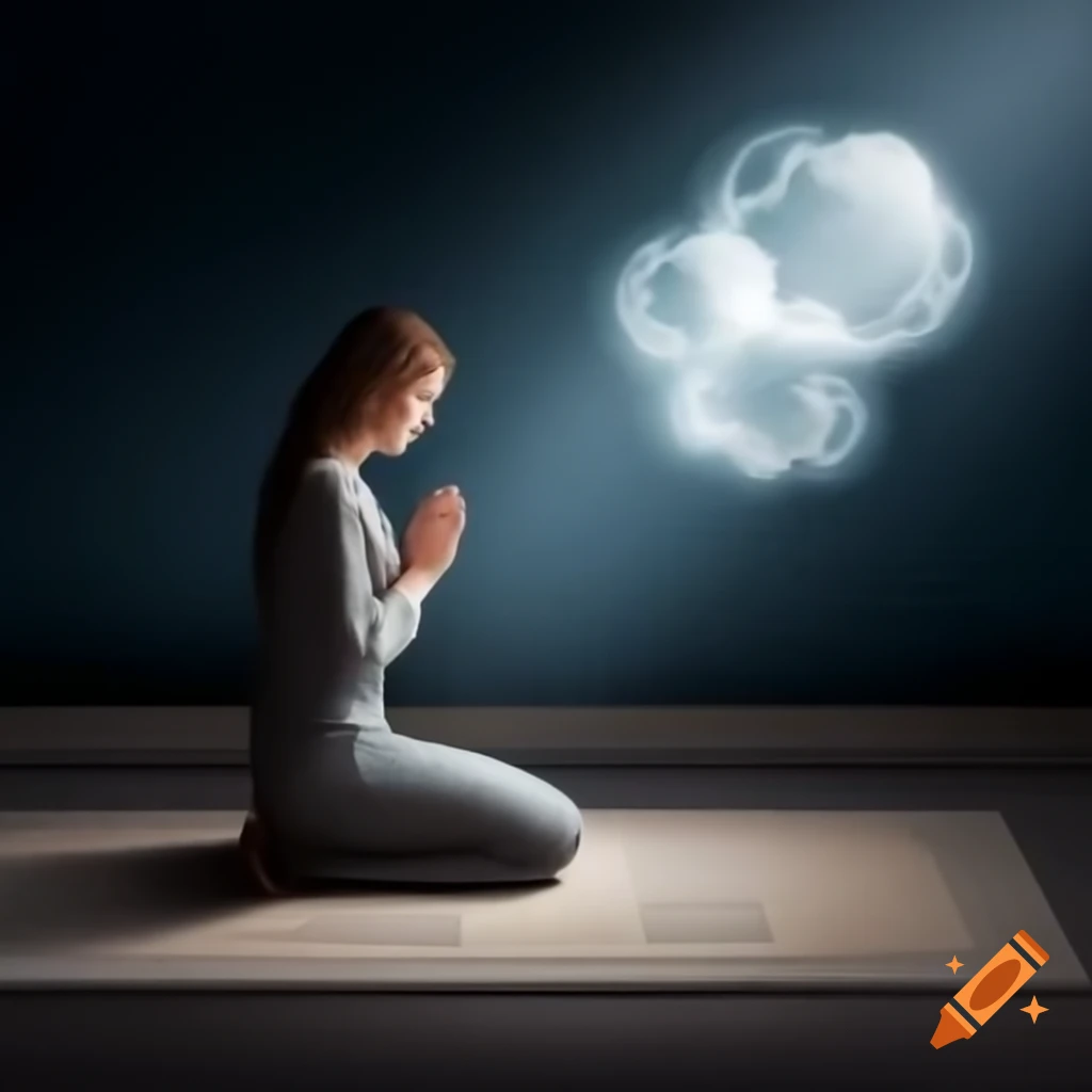 Woman praying in serene setting with thought bubble representing hopes