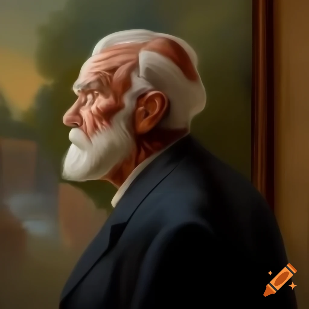 Old man in side view admiring a painting