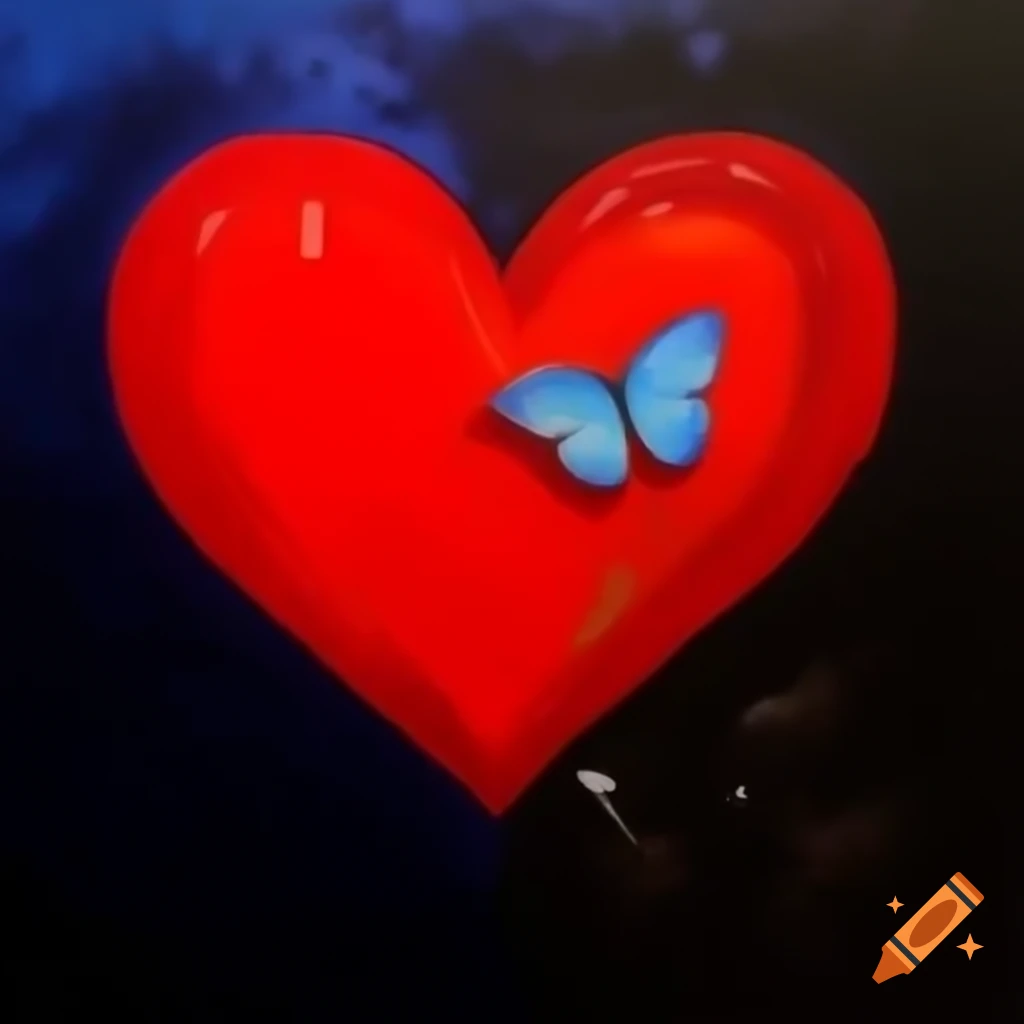 Watercolor painting of red heart shape and butterfly on dark background
