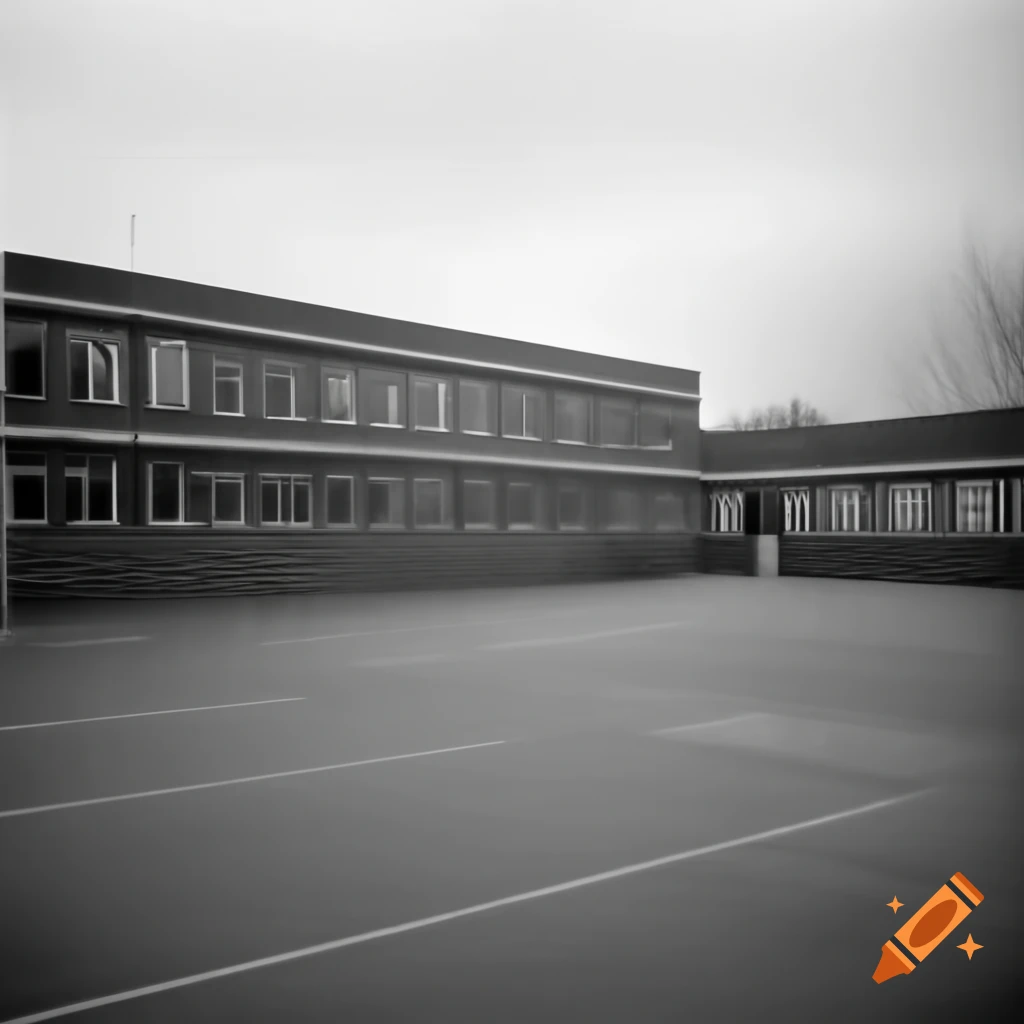 Exterior of empty school building with Harrison standing in courtyard looking concerned