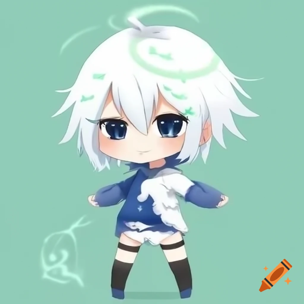 Anime chibi character with white hair and blue tears, wearing a white outfit