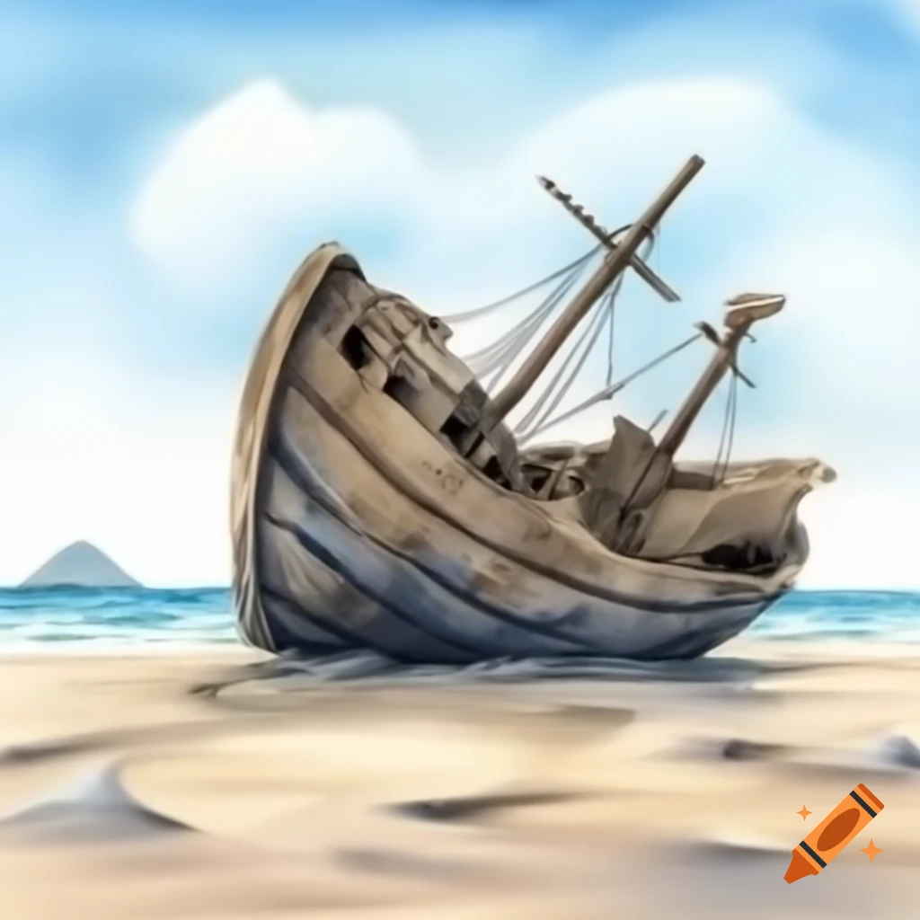 Wooden shipwreck buried in sand on beach, detailed watercolor