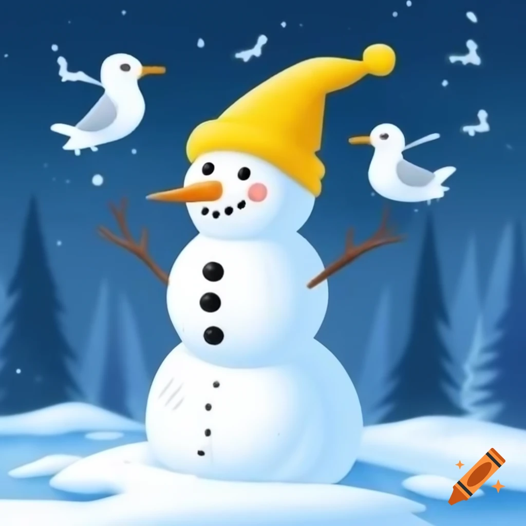 Snowman wearing yellow rain hat with a seagull nearby
