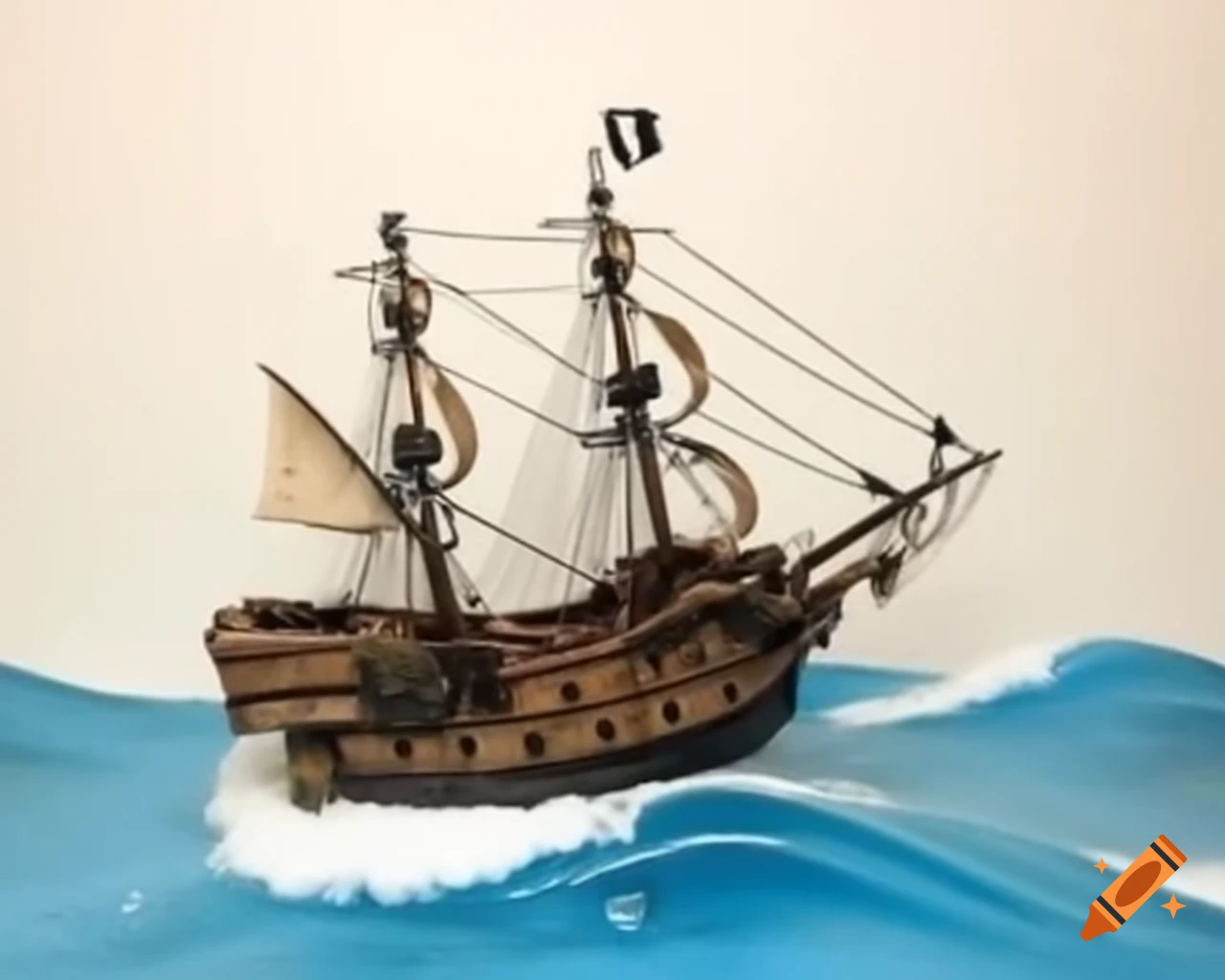 Miniature diorama of pirate ship being destroyed by a wave