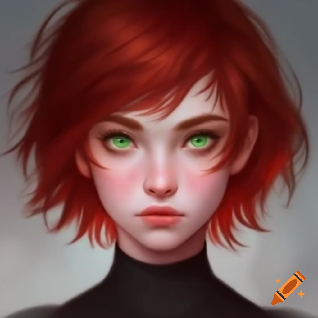 Portrait of young Russian woman with red hair, green eyes, and freckles, serious expression