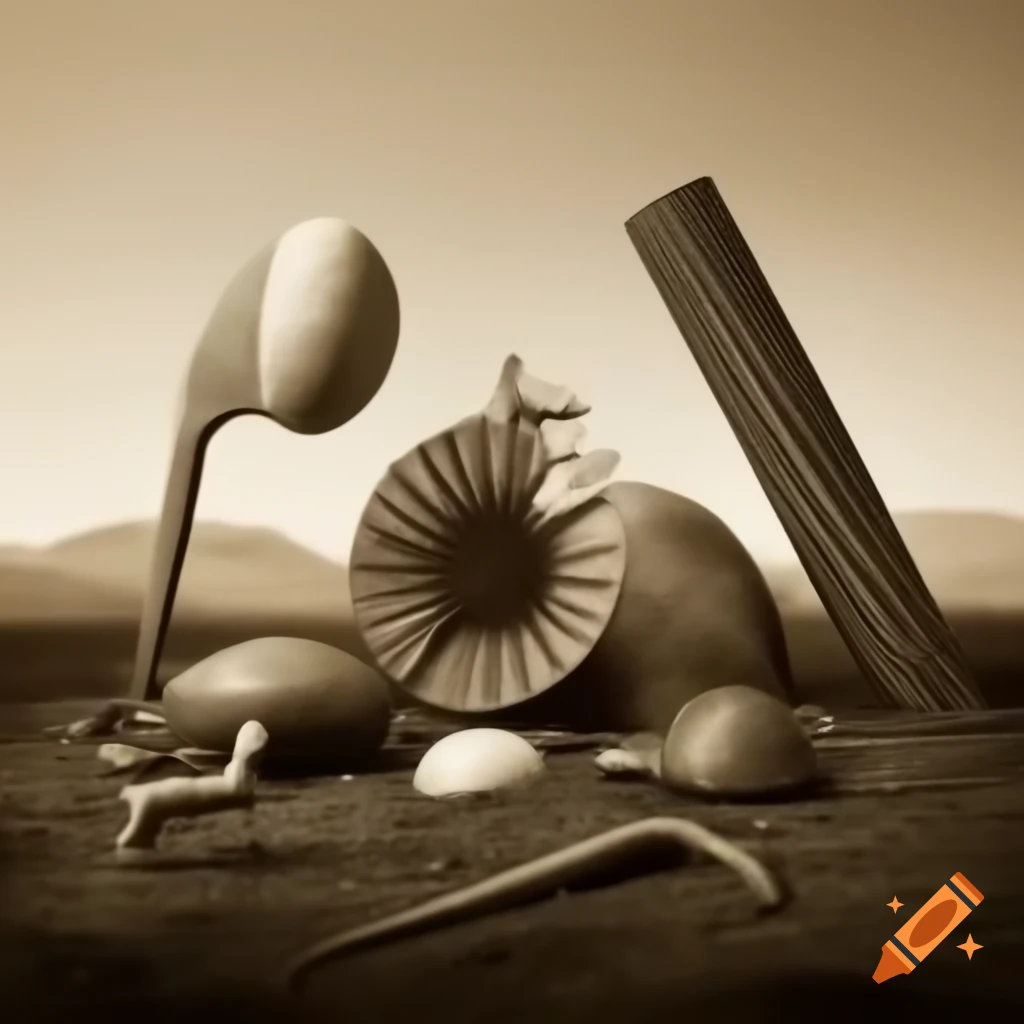 Surrealist sepia landscape with strange objects