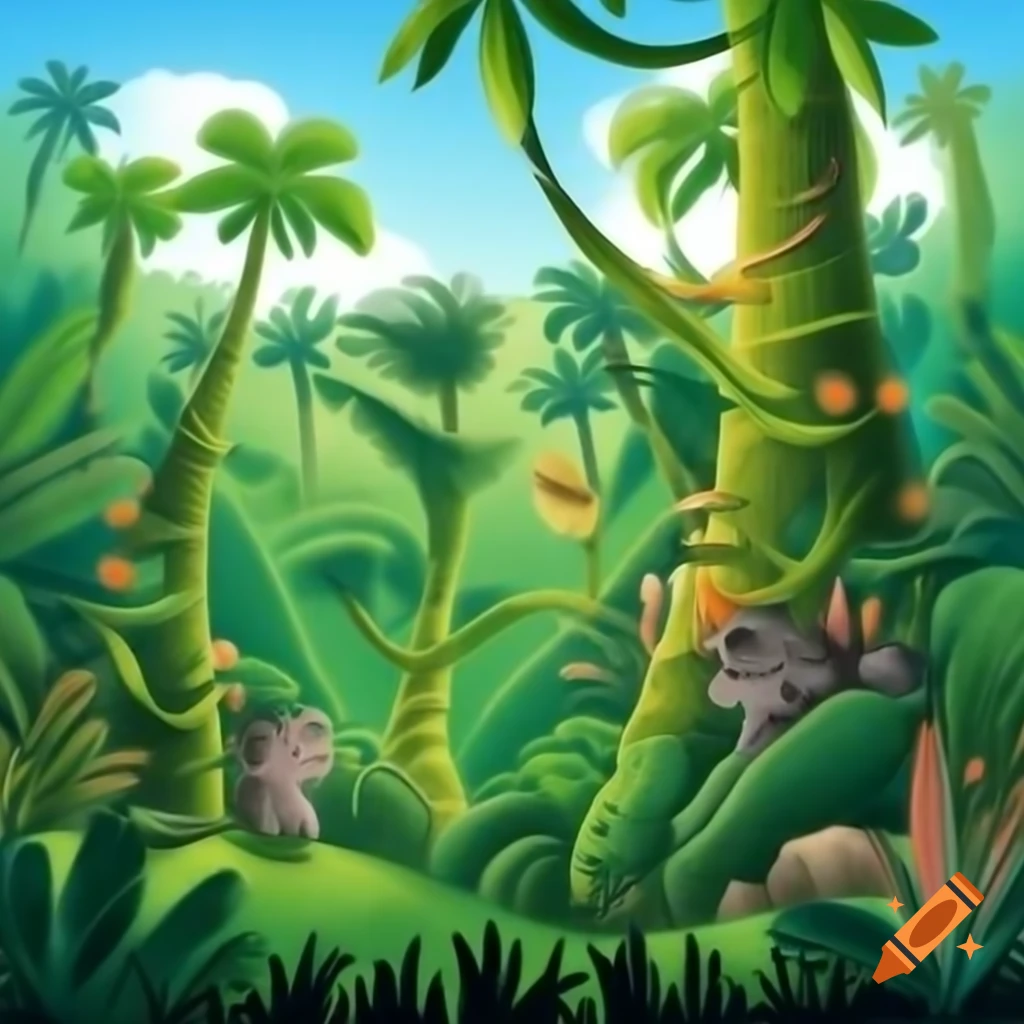 Vibrant jungle with tall trees and colorful plants, featuring a lion and an elephant