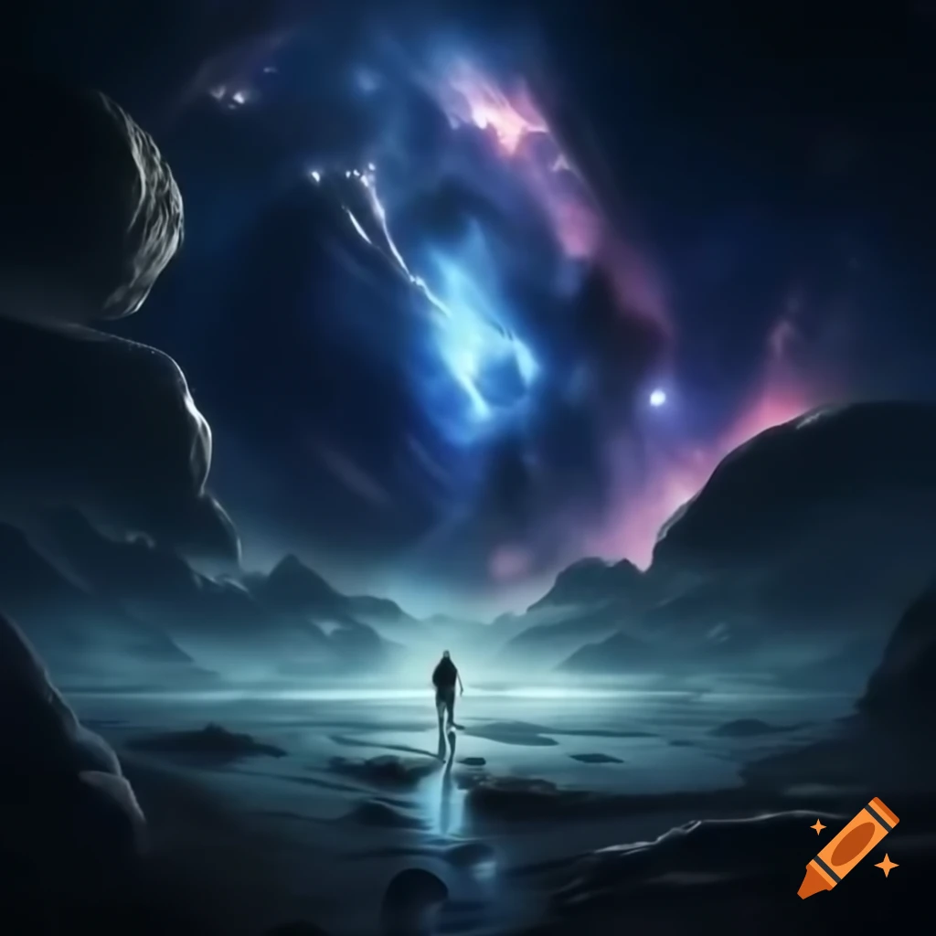 Surreal cosmic amphitheater with A.I. powered dreamweavers fighting Zarkothian aliens