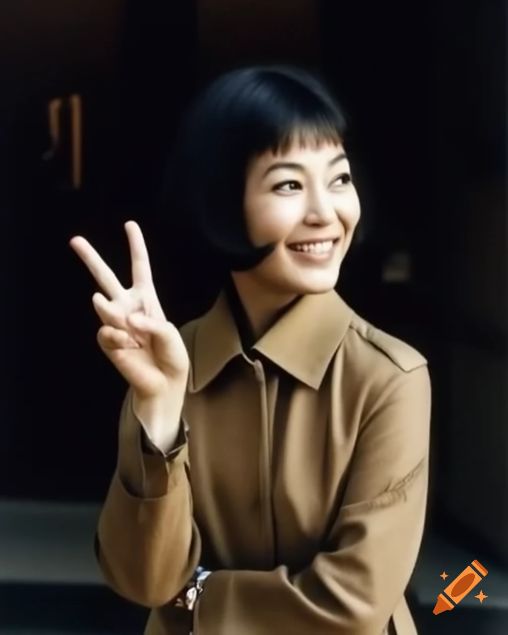Vintage paparazzi photo of smiling Japanese actress from 1960 French movie with peace sign