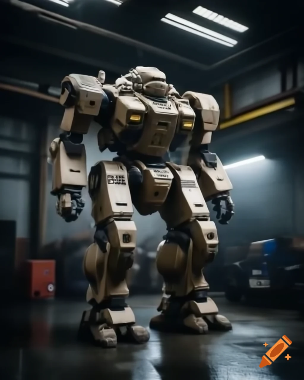 Mecha robot in garage being repaired by old man, hyper realistic details