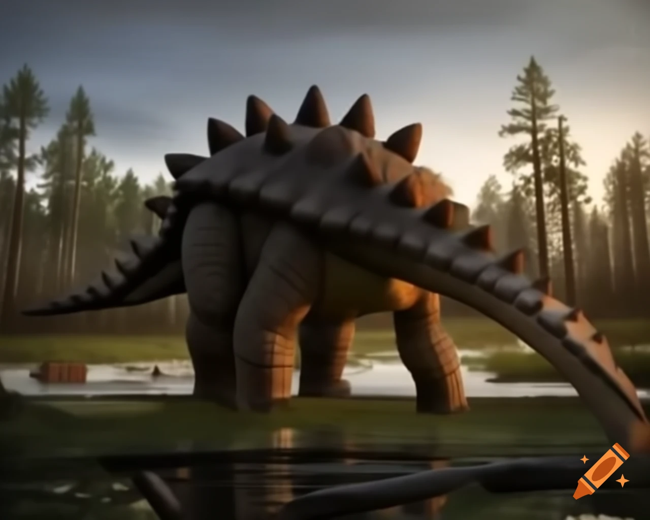 Ankylosaur with spikes walking along sunny shore of forest pond during golden hour