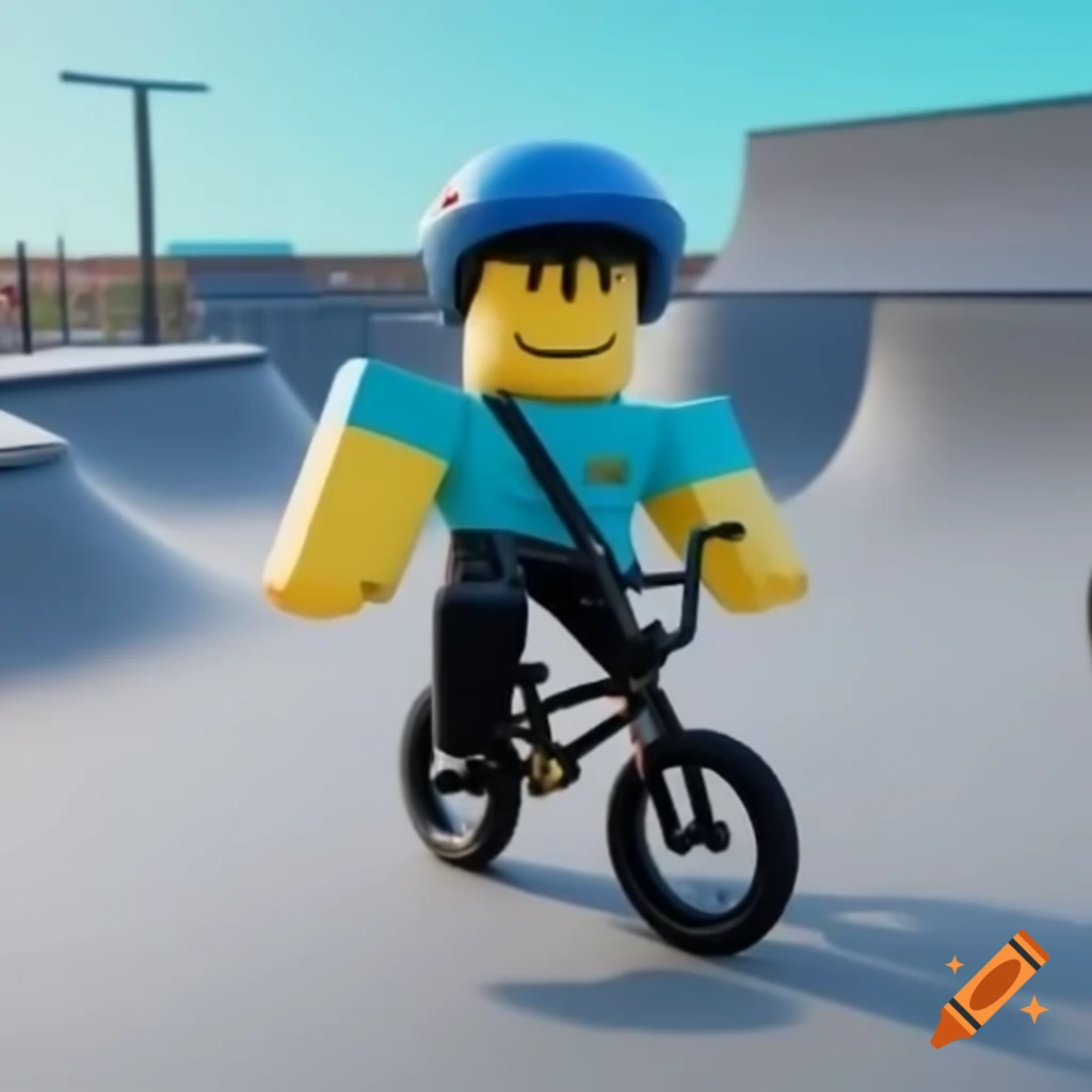 Roblox character riding BMX in skatepark