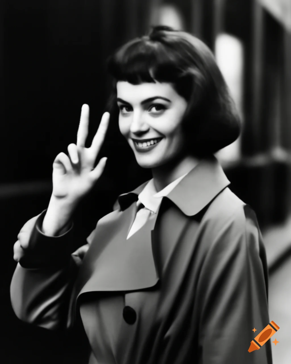 Vintage paparazzi photo of smiling Parisian actress from 1960 movie doing peace sign