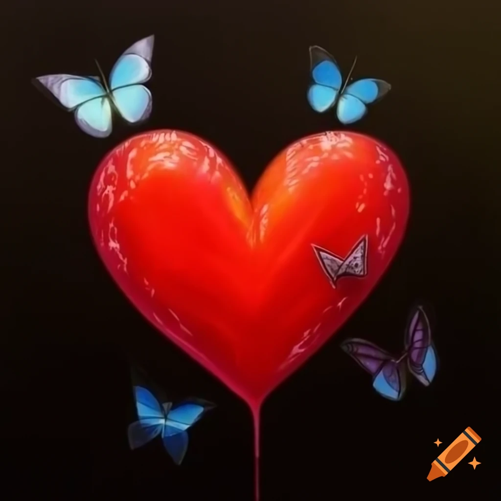 Watercolor painting of red heart shape with butterflies on dark background