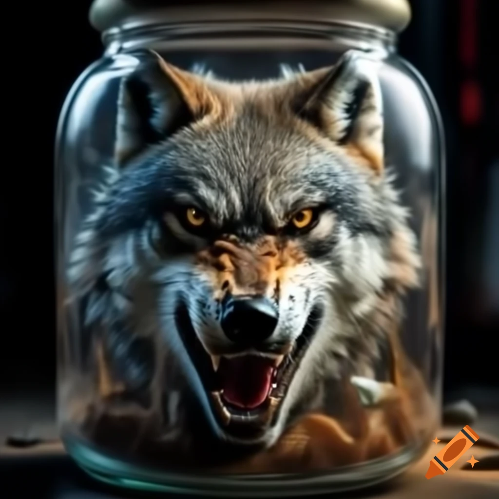 Wolf's head preserved in a jar