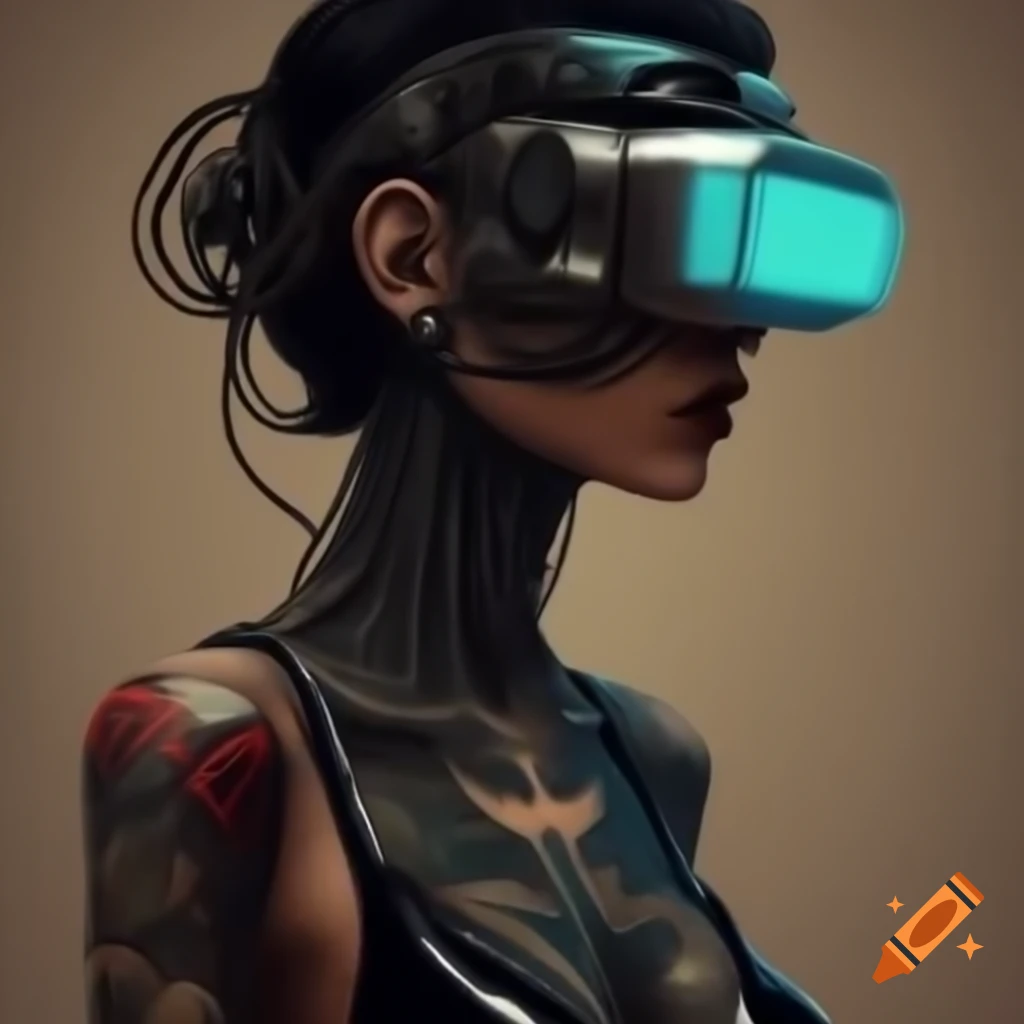 Futuristic woman in cyberpunk style with vintage tattoo art