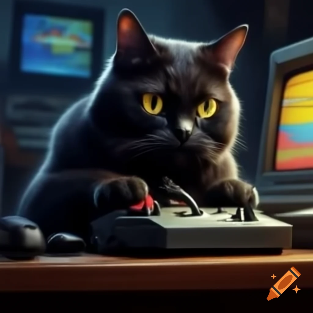 Black cat intensely playing retro Atari video games with game mash-up display