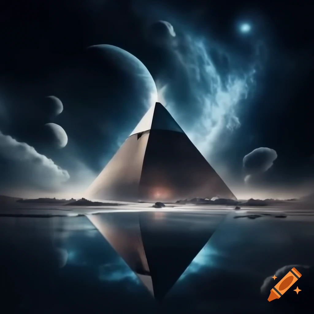 Blue tones image featuring pyramids, water, boats, and planets in a starry sky