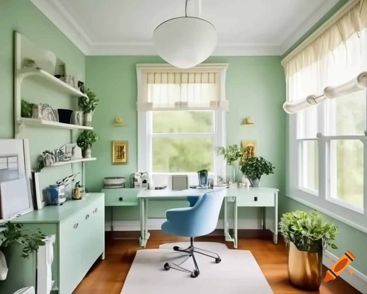 Pastel-toned home office with mint green walls and light wood furniture