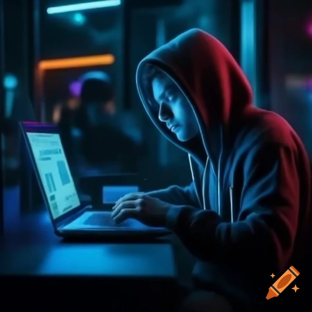 Programmer in hoodie working on laptop in dark neon environment