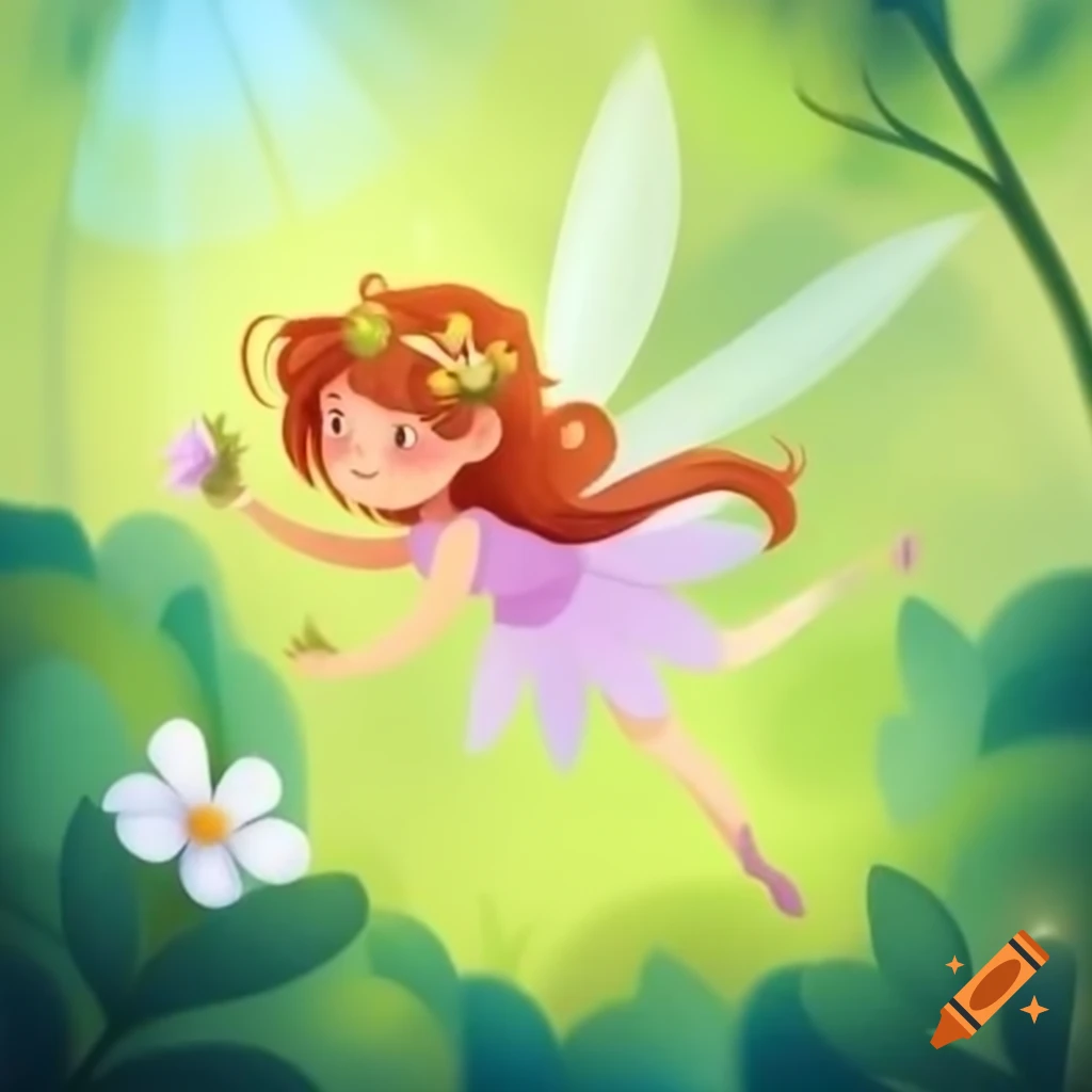 Forest fairy hovering near flower in storybook style