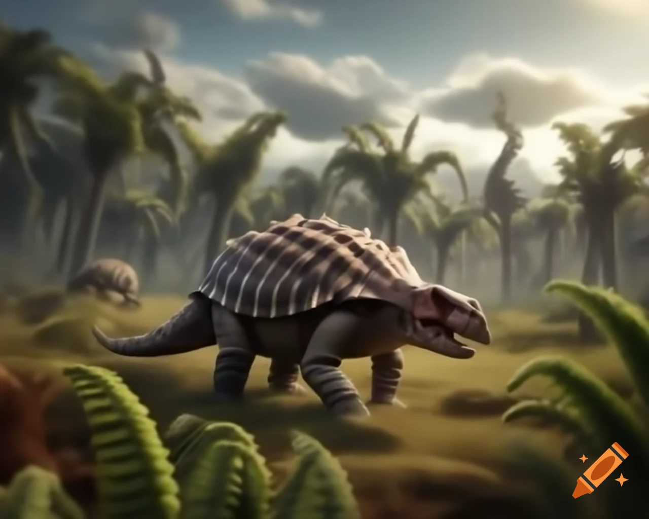 Ankylosaurus walking in prehistoric fern prairie with Diplodocus in background