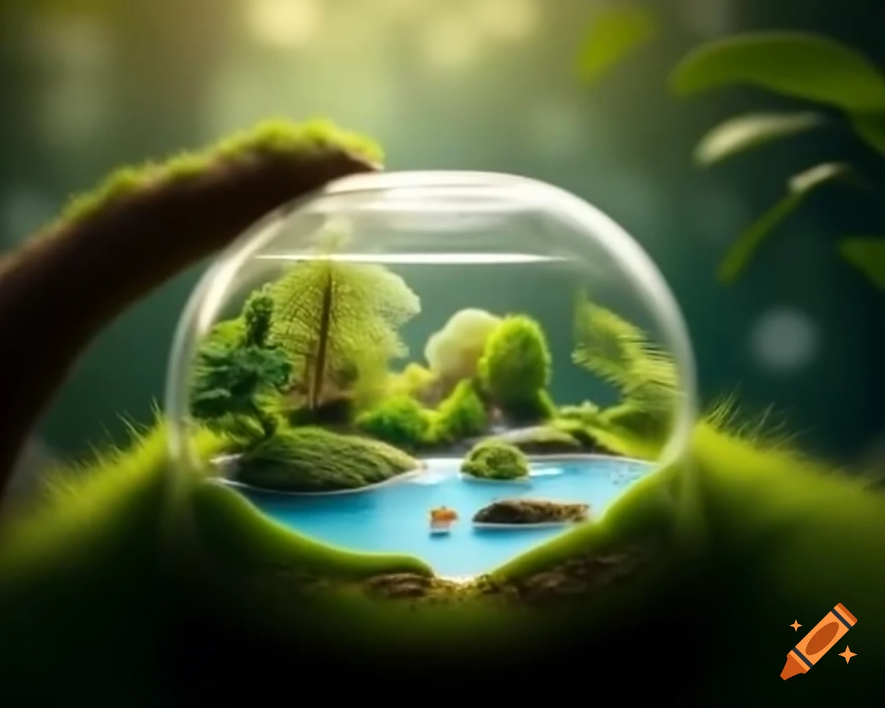 Ecosystem with terrarium, vegetation, and miniature lake