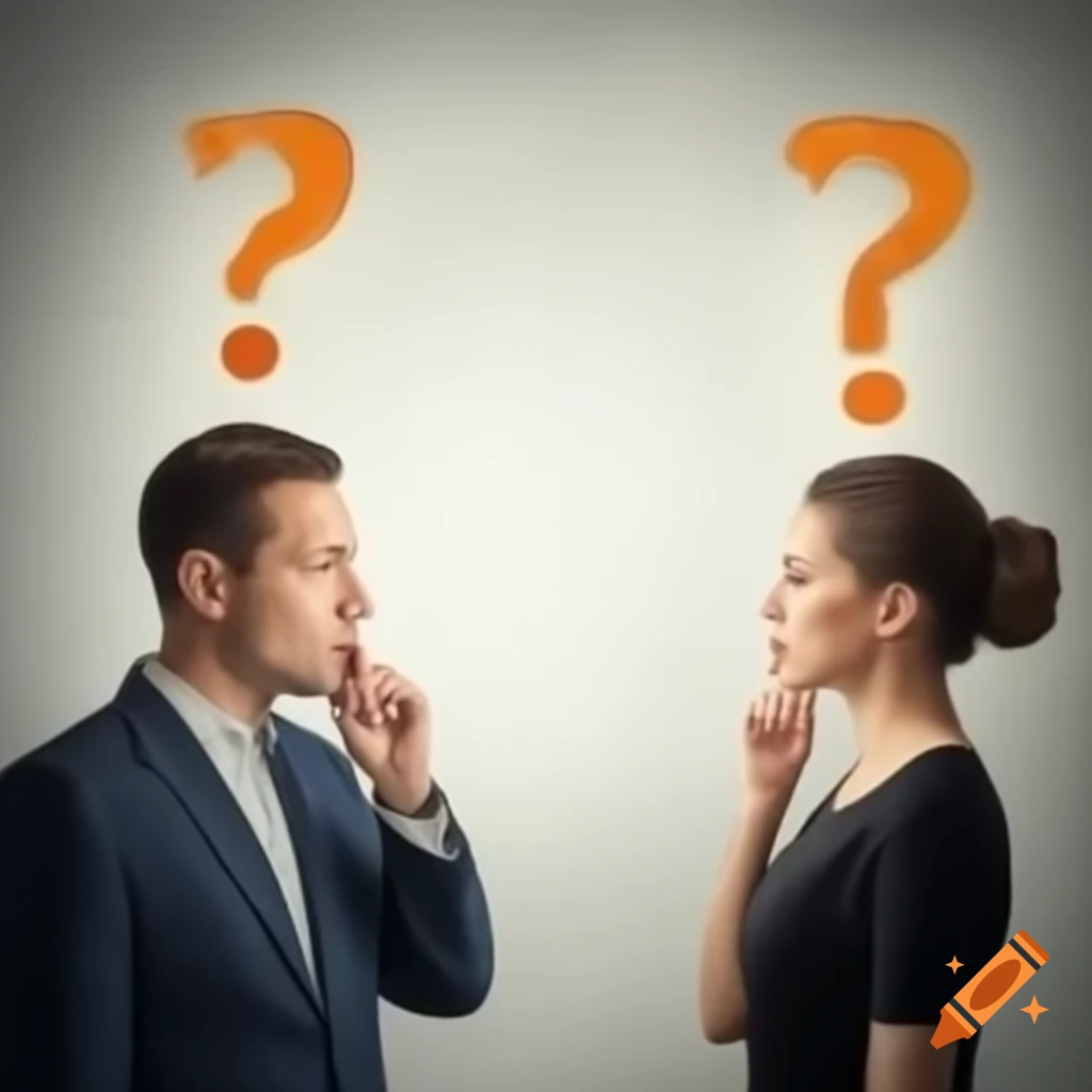 Man and woman engaged in conversation with question marks above their heads