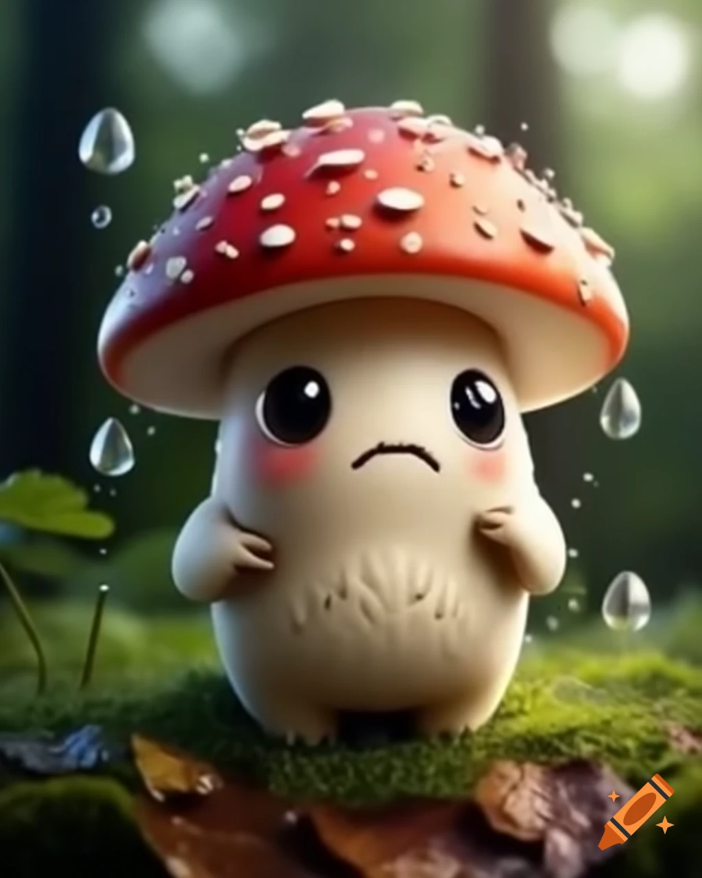 Hyper realistic kawaii mushroom creature in a rainy forest, evoking sadness