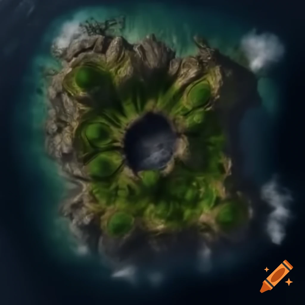 Top view of stony island with trees, caves, and an inactive volcano