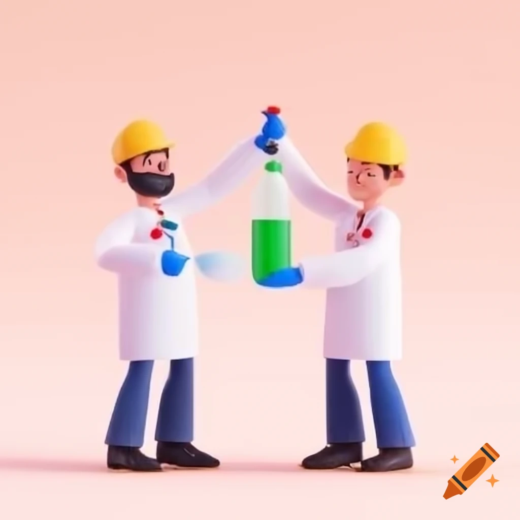 Animated scene of two workers exchanging a bottle of chemicals