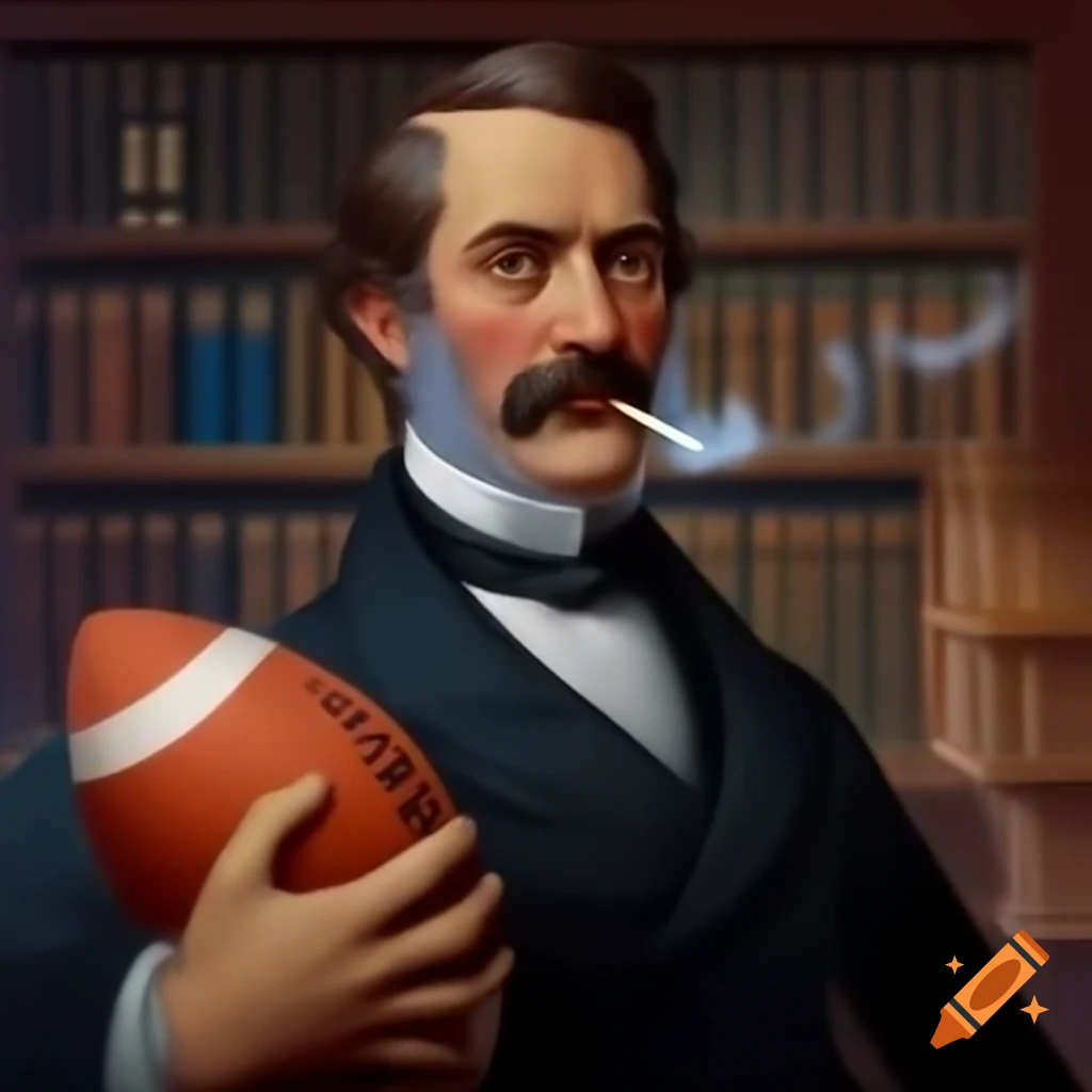Historic 19th century color photograph of man with handlebar mustache in tuxedo holding an American football
